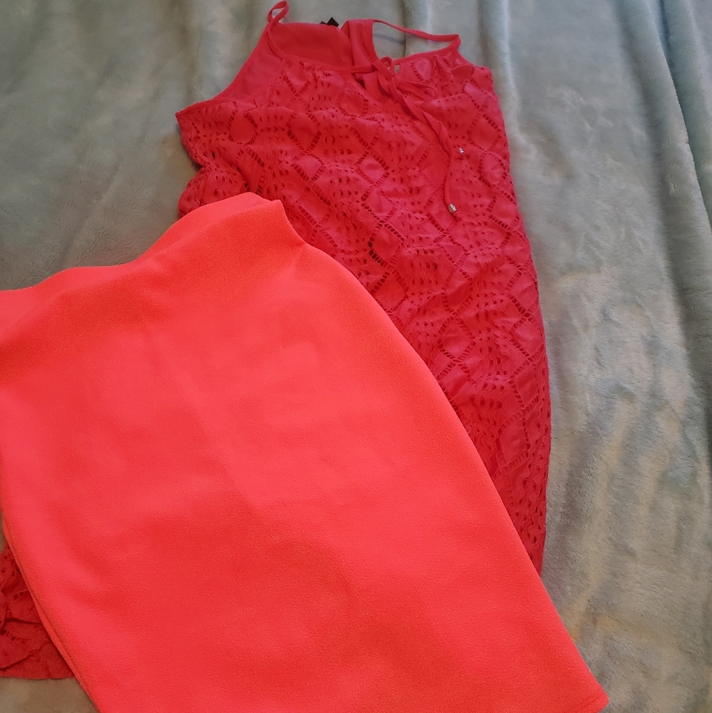 1 pink coral dress and 1 hot neon pink pencil skirt